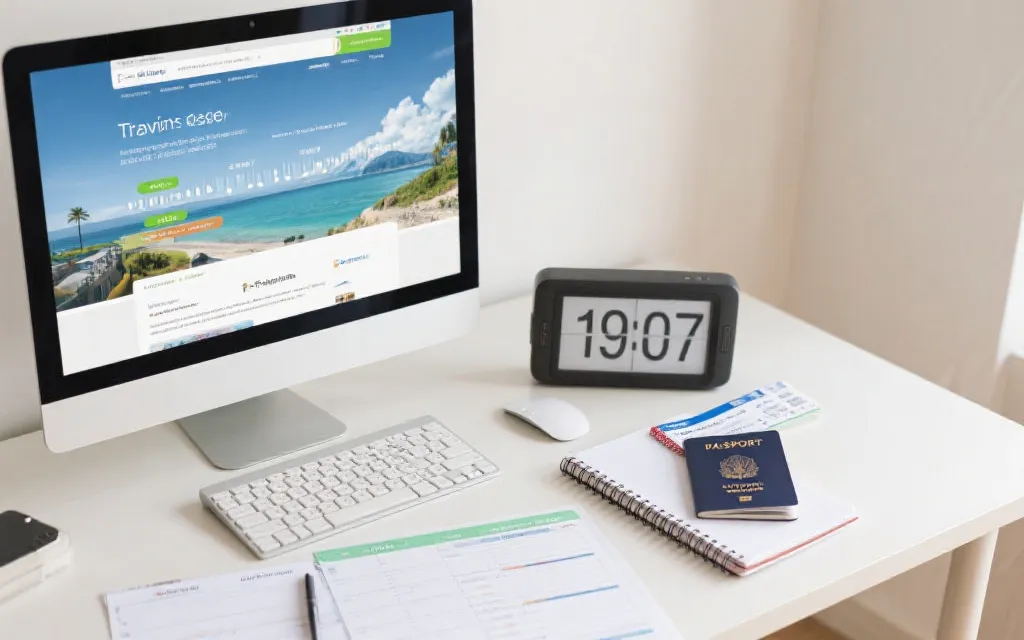 桌面上摊开的旅行计划、机票行程与电脑屏幕上的购票倒计时，强调提前布局